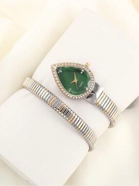 Silver-Tone Bracelet Watch with Green Teardrop Dial